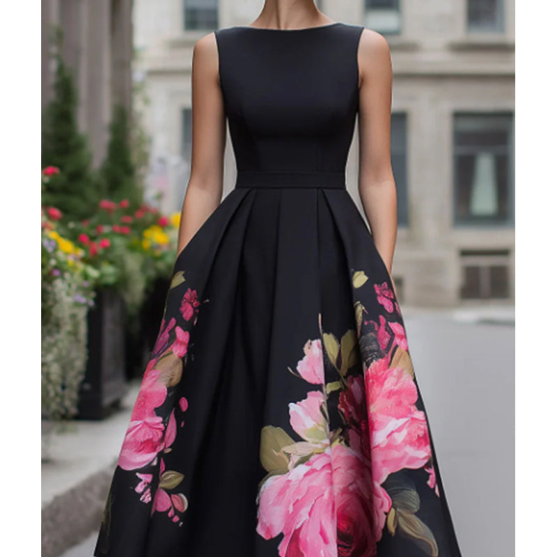 🌸Rochie midi elegantă, fără mâneci, cu croi în A și imprimeu floral👗❤️