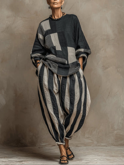 Zestaw z długim rękawem w kolorowe bloki i spodniami