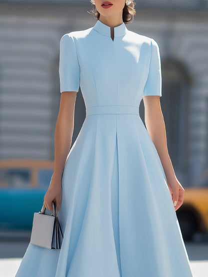 High Neck Short Sleeve Pleated Fit-and-Flare Midi Dress