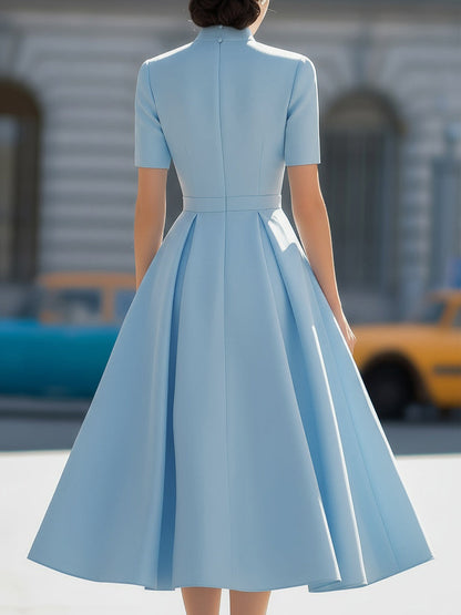 High Neck Short Sleeve Pleated Fit-and-Flare Midi Dress