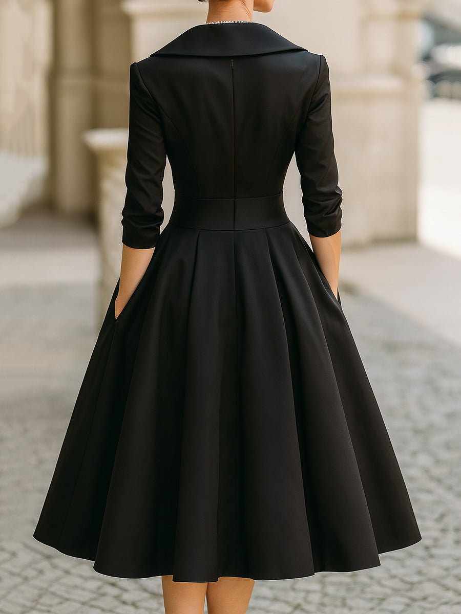 Vintage-Inspired Satin Midi Dress With Draped Collar