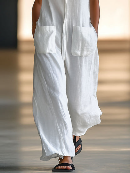 Casual Loose Retro Biała Oddychająca Lniana Kombinezon Bez Rękawów z Szerokimi Nogawkami