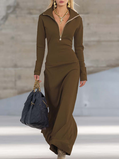 Elegancka Retro Sportowa Sukienka Maxi Różowa z Dekoltem w Serek i Długim Rękawem
