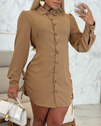 Button Down Shirt Dress Roll Tab Sleeve Side Drawstring Mini Dresses
