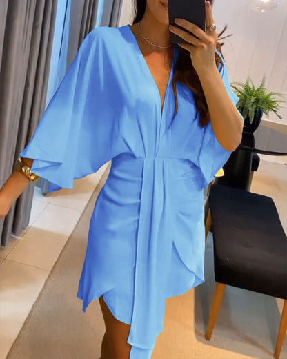 Plunge Bell Sleeve Asymmetrical Hem Casual Dress Draped Mini Dress