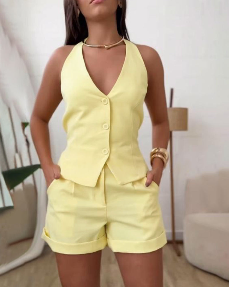 2 Pieces Outfit V Neck Button Front Bow Tie Back Sleeveless Backless Top And Casual Elastic Back Waist Zipper Fly Shorts Set