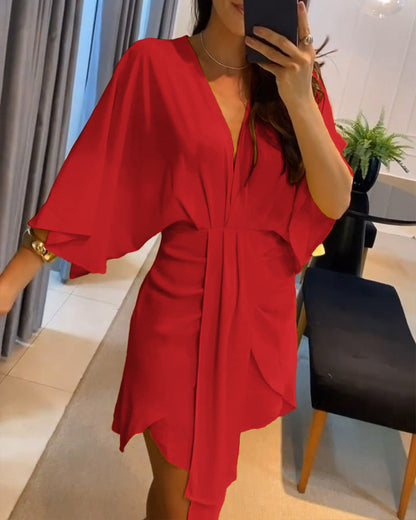 Plunge Bell Sleeve Asymmetrical Hem Casual Dress Draped Mini Dress