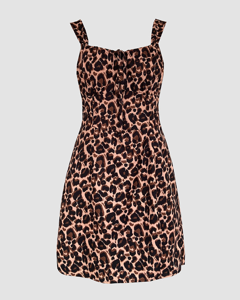 Leopard Print Square Neck Thick Strap Tied Detail Slit Romper Shirred Back Lace-up Skort Romper