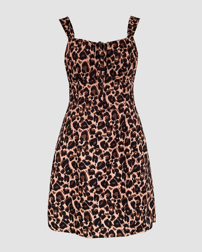 Leopard Print Square Neck Thick Strap Tied Detail Slit Romper Shirred Back Lace-up Skort Romper