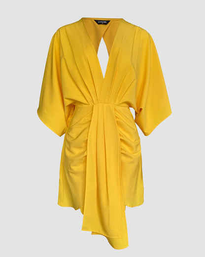 Plunge Bell Sleeve Asymmetrical Hem Casual Dress Draped Mini Dress
