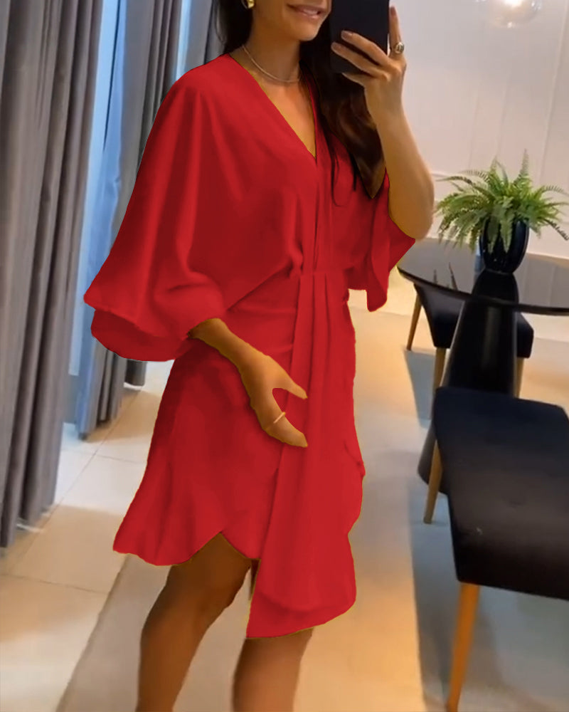 Plunge Bell Sleeve Asymmetrical Hem Casual Dress Draped Mini Dress