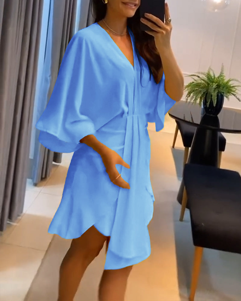 Plunge Bell Sleeve Asymmetrical Hem Casual Dress Draped Mini Dress
