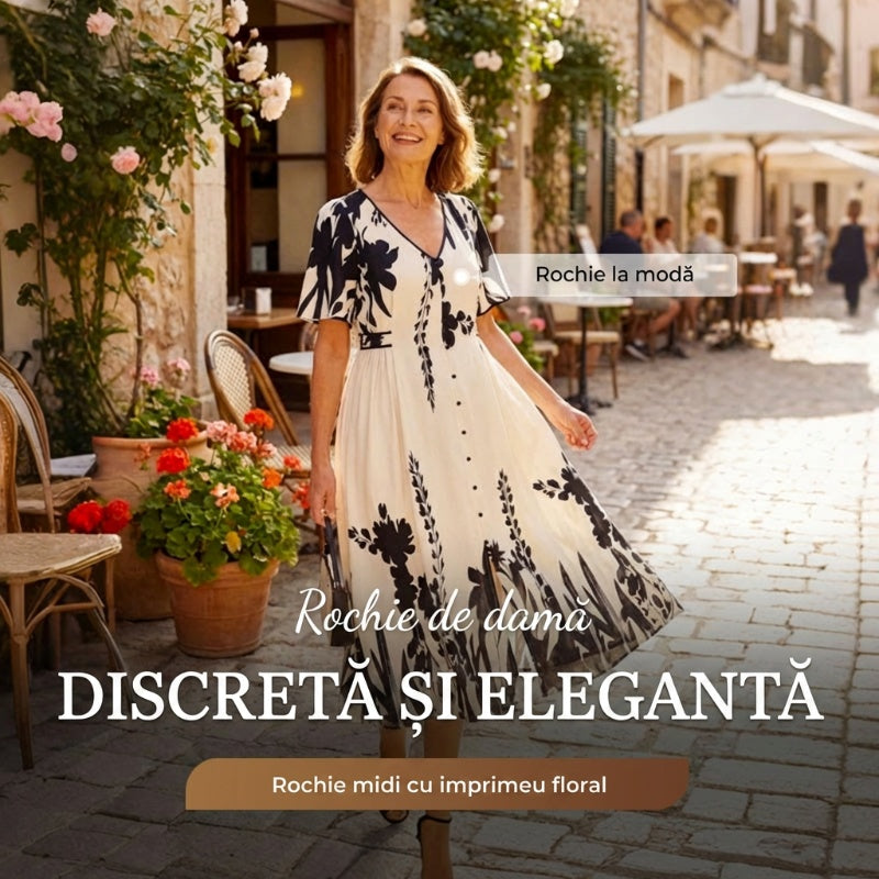 🌹🦋 Rozmiar (S-5XL)| Krój A (Ukrywa Talię) | Elegancka Sukienka Midi z Dekoltem w V i Roślinnym Wzorem Plus|✨