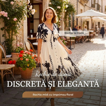 🌹🦋 Rozmiar (S-5XL)| Krój A (Ukrywa Talię) | Elegancka Sukienka Midi z Dekoltem w V i Roślinnym Wzorem Plus|✨