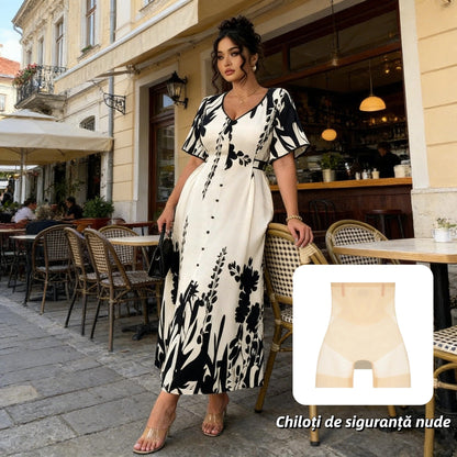 🌹🦋 Rozmiar (S-5XL)| Krój A (Ukrywa Talię) | Elegancka Sukienka Midi z Dekoltem w V i Roślinnym Wzorem Plus|✨
