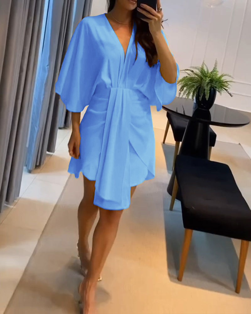 Plunge Bell Sleeve Asymmetrical Hem Casual Dress Draped Mini Dress