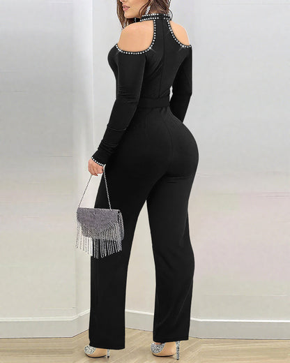 Rhinestone Decor Halter Cold Shoulder Long Sleeve Overalls Hollow-out Front Zipper Back Jumpsuit with Belt