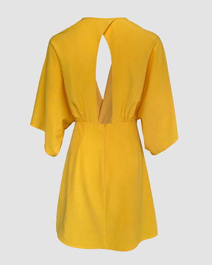Plunge Bell Sleeve Asymmetrical Hem Casual Dress Draped Mini Dress
