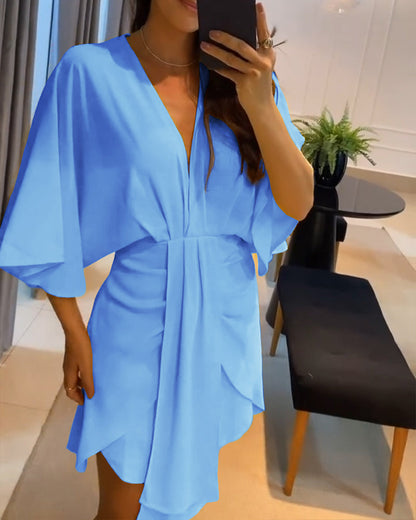 Plunge Bell Sleeve Asymmetrical Hem Casual Dress Draped Mini Dress
