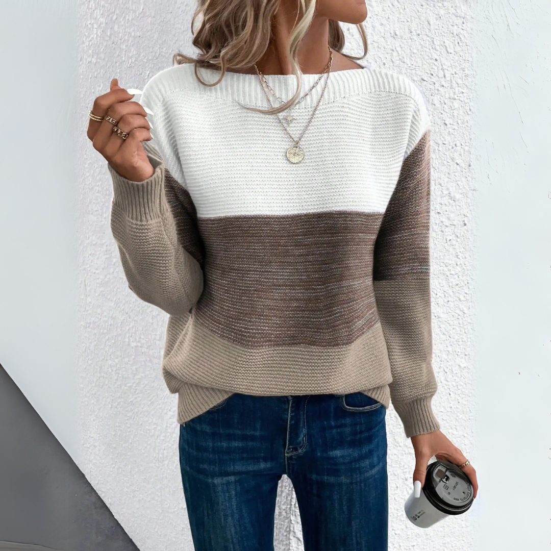 Clara | Elegancki trójkolorowy sweter patchworkowy