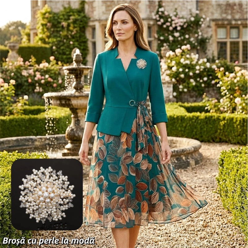 Elegancka sukienka z materiału syntetycznego, w dwóch częściach, z nadrukiem liści✨ Naturalna elegancja, zawsze i wszędzie ✨