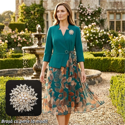 Elegancka sukienka z materiału syntetycznego, w dwóch częściach, z nadrukiem liści✨ Naturalna elegancja, zawsze i wszędzie ✨