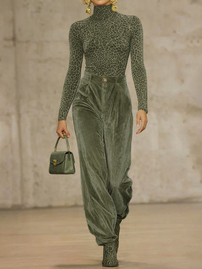 High Waisted Pleated Pockets Solid Color Velvet Set