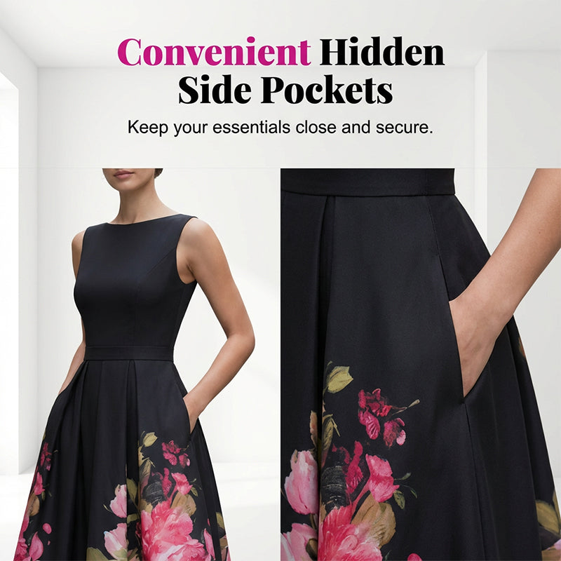 🌸Rochie midi elegantă, fără mâneci, cu croi în A și imprimeu floral👗❤️