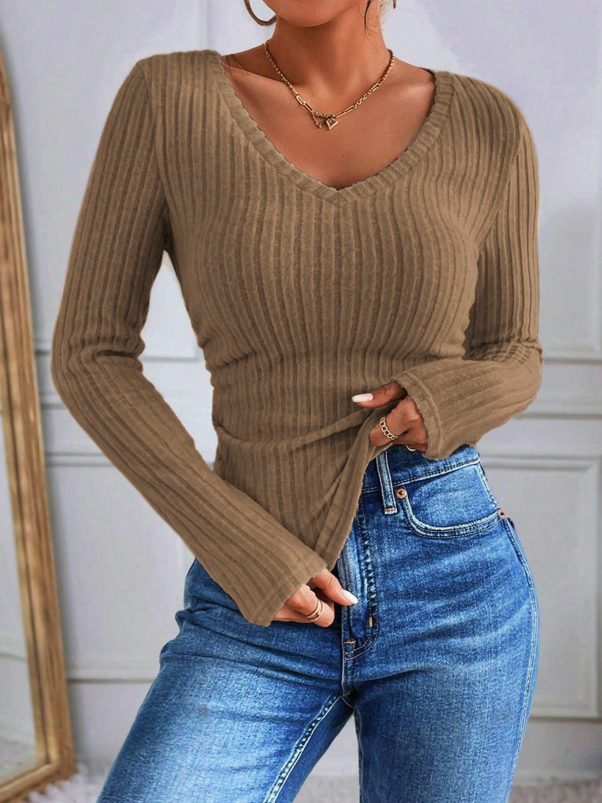 Bluzka Skinny z Dekoltem w Serek i Paskami