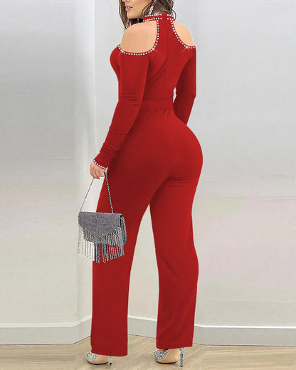 Rhinestone Decor Halter Cold Shoulder Long Sleeve Overalls Hollow-out Front Zipper Back Jumpsuit with Belt