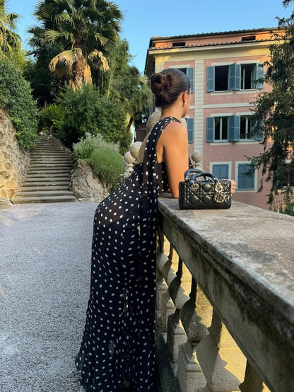 Aniela - sukienka maxi w groszki z odkrytymi plecami