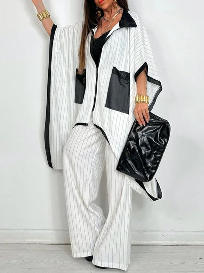 Half Sleeves Loose Pockets Striped Zipper Lapel Blouses&Shirts Tops Outerwear
