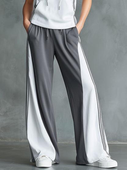 Casual Sporty Color-Block Hooded Sleeveless Top And Wide-Leg Pants Set