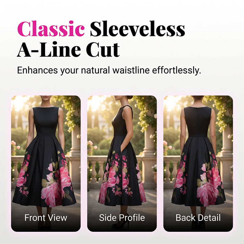 🌸Rochie midi elegantă, fără mâneci, cu croi în A și imprimeu floral👗❤️