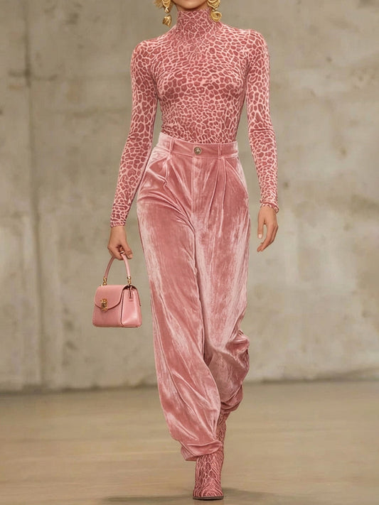 High Waisted Pleated Pockets Solid Color Velvet Set