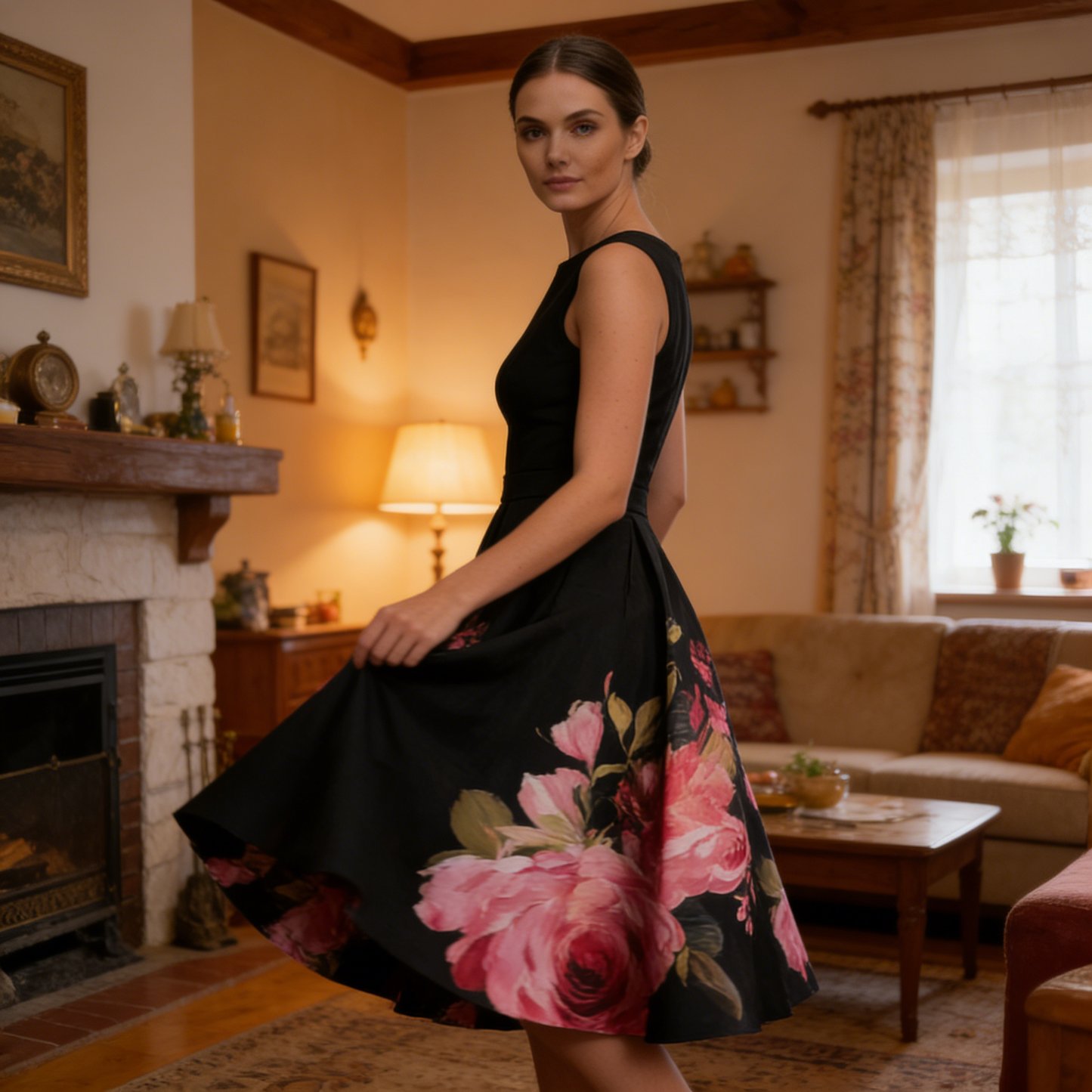 🌸Rochie midi elegantă, fără mâneci, cu croi în A și imprimeu floral👗❤️