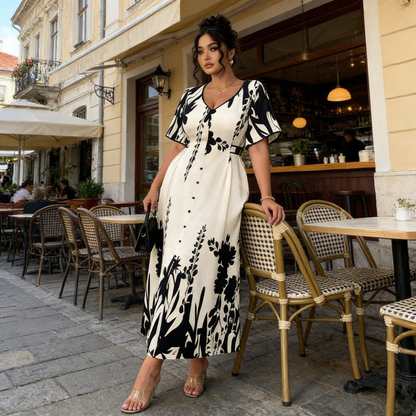 🌹🦋 Rozmiar (S-5XL)| Krój A (Ukrywa Talię) | Elegancka Sukienka Midi z Dekoltem w V i Roślinnym Wzorem Plus|✨
