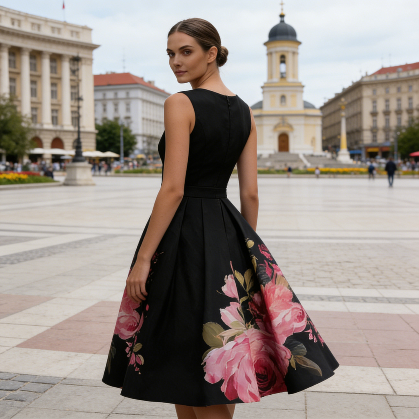 🌸Rochie midi elegantă, fără mâneci, cu croi în A și imprimeu floral👗❤️