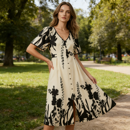 🌹🦋 Rozmiar (S-5XL)| Krój A (Ukrywa Talię) | Elegancka Sukienka Midi z Dekoltem w V i Roślinnym Wzorem Plus|✨