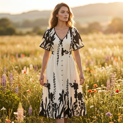 🌹🦋 Rozmiar (S-5XL)| Krój A (Ukrywa Talię) | Elegancka Sukienka Midi z Dekoltem w V i Roślinnym Wzorem Plus|✨