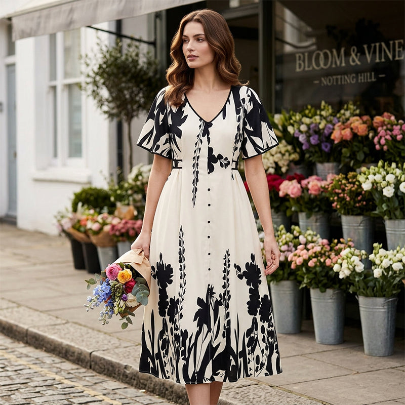 🌹🦋 Rozmiar (S-5XL)| Krój A (Ukrywa Talię) | Elegancka Sukienka Midi z Dekoltem w V i Roślinnym Wzorem Plus|✨